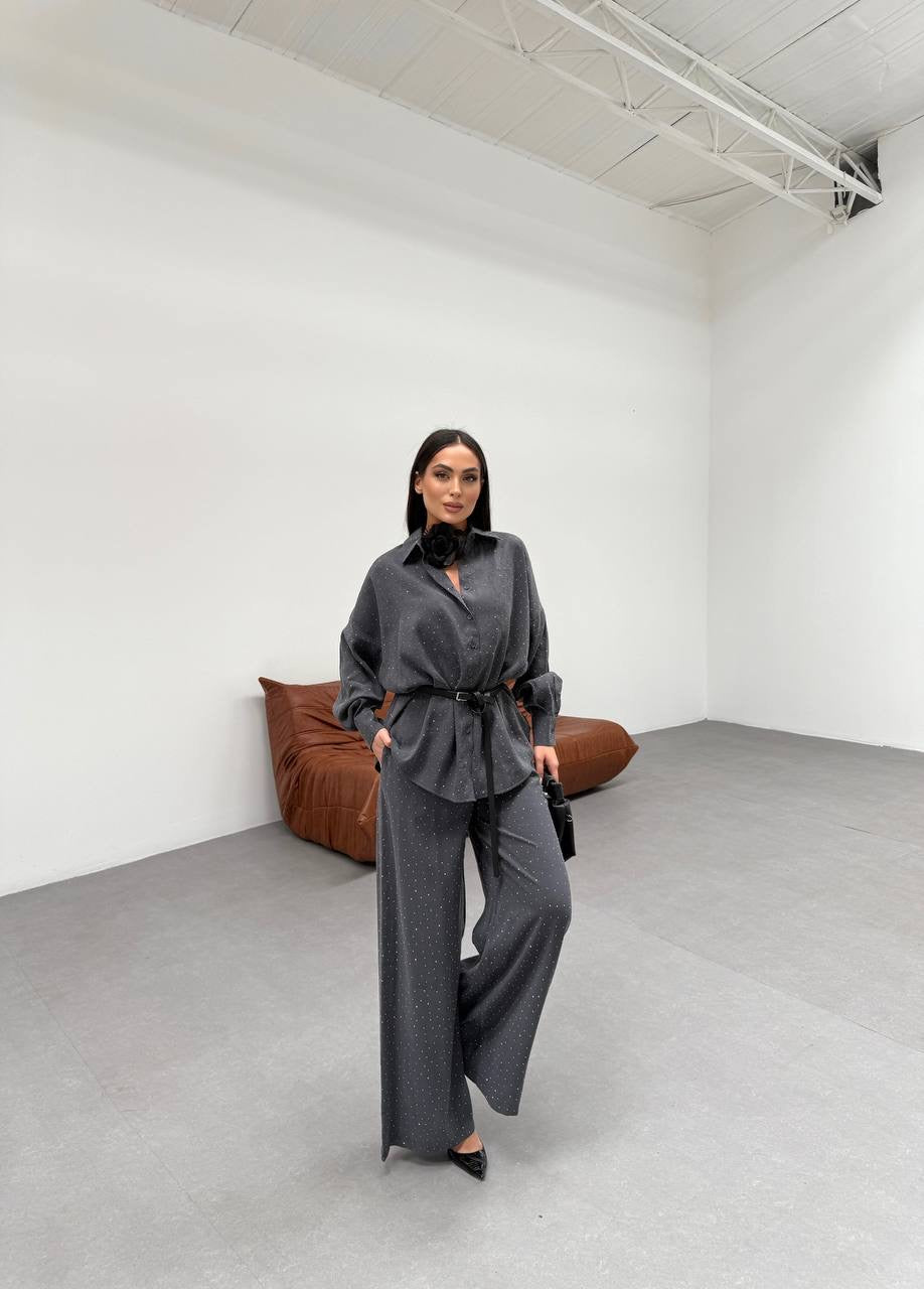 Studded Shirt & Wide-Leg Pants Set