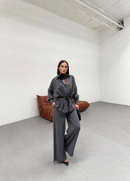 Studded Shirt & Wide-Leg Pants Set