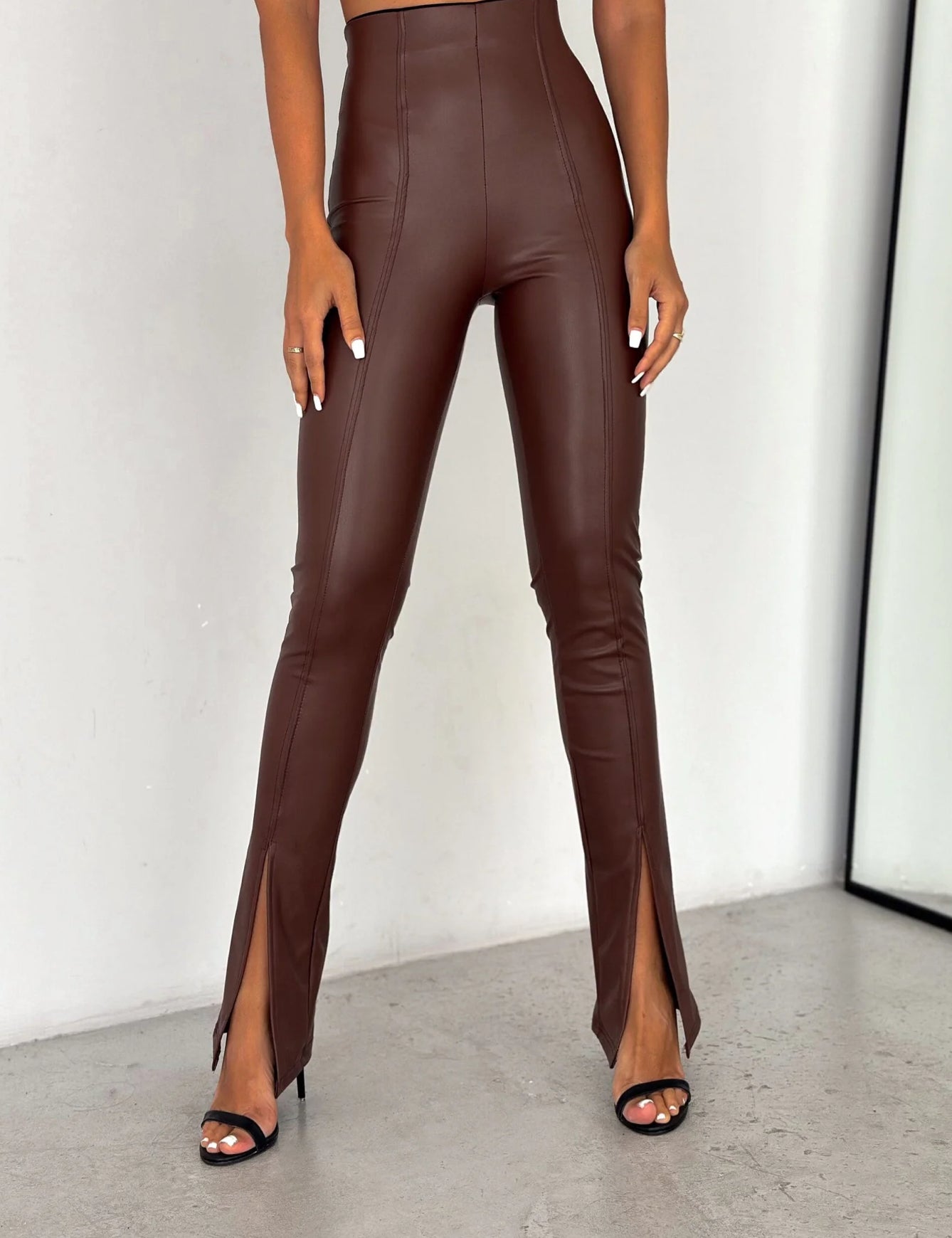 Front Slit Thermal Leather Leggings