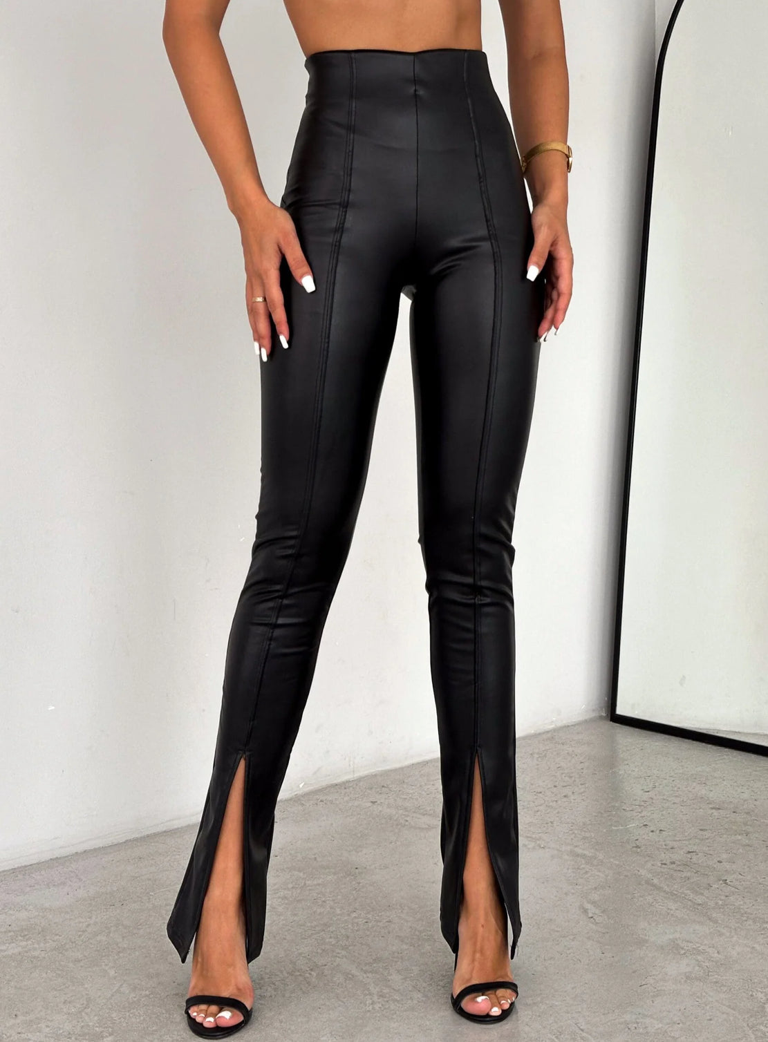 Front Slit Thermal Leather Leggings