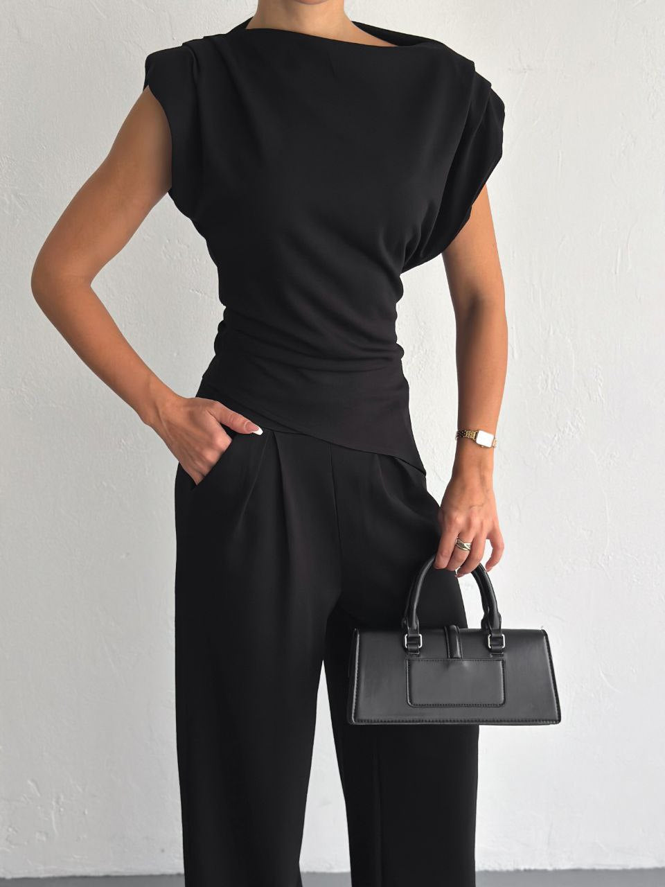 Lycra Cotton Padded Shoulder & Wide - Leg  Pants Set