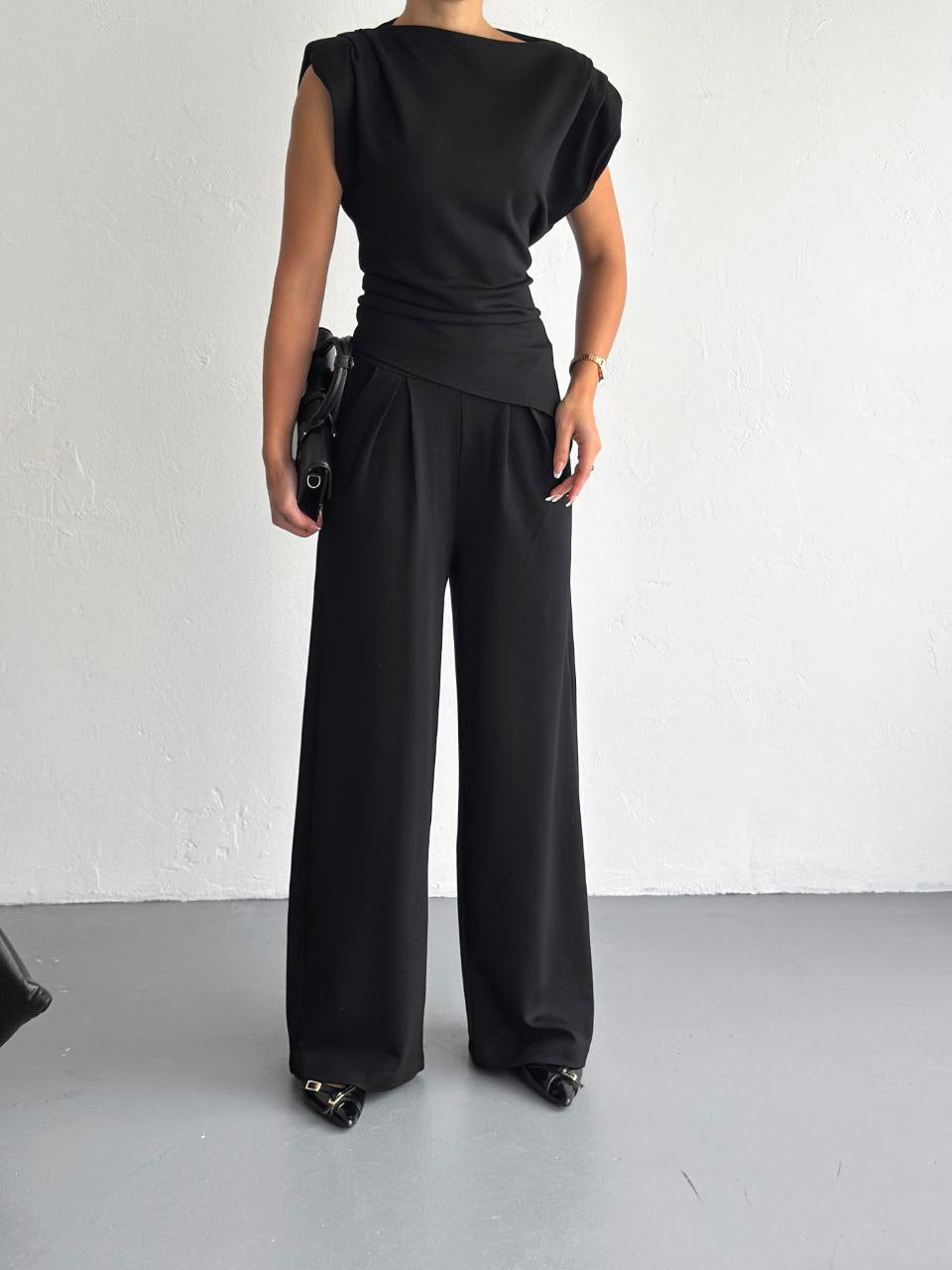 Lycra Cotton Padded Shoulder & Wide - Leg  Pants Set