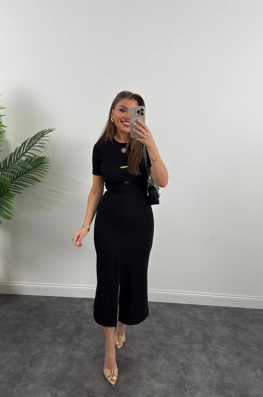 Elegant Ribbed Midi Dress with Gold Accents - Half Sleeves