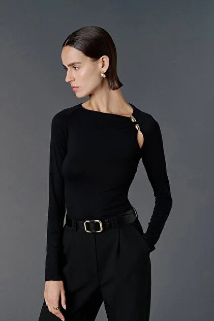 Gold Detail Cut-Out Top – Black