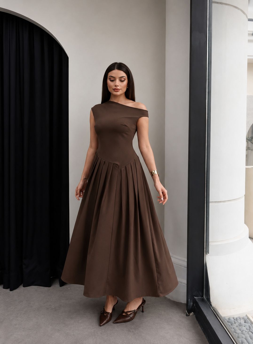 Off-Shoulder Pleated Maxi Dress